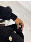 Gold Düğmeli Bukle (Fuzzy) Triko Hırka - Krem, Kahverengi & Siyah