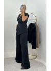 Kuşaklı Kruvaze Yelek & Bol Paça Pantolon Takımı - Lacivert/Siyah/Kahve