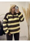 Polo Yaka Çizgili Tüylü Triko Kazak - Kahve Sarı