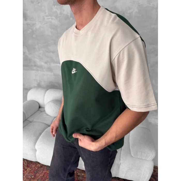 Yeni Sezon! NK Basic Oversize Unisex Tshirt - Yeşil Krem