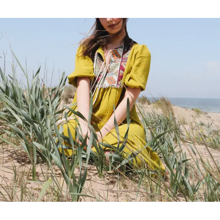 MİMOZA Kilim Yaka detaylı Müslin Elbise