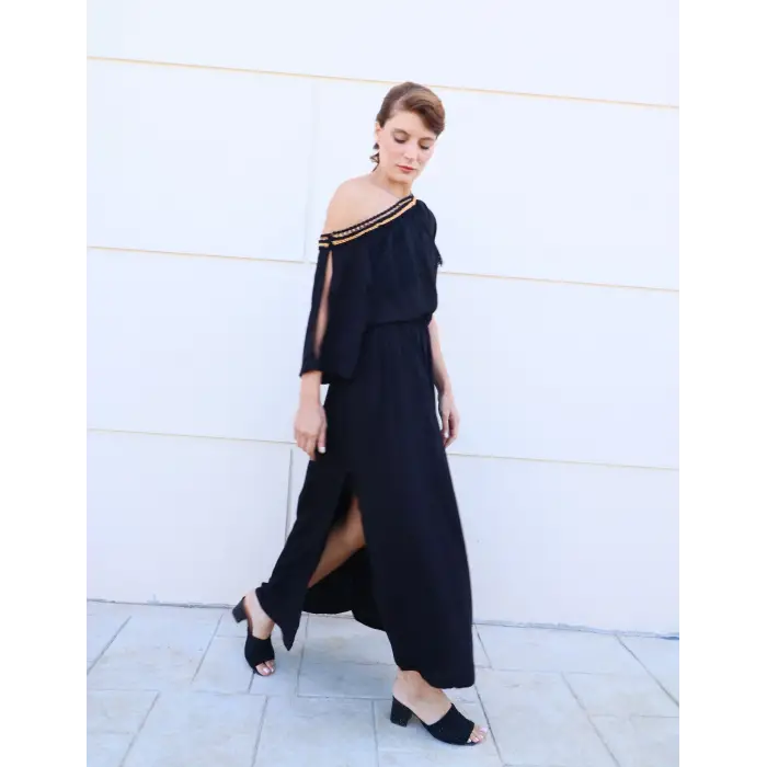 NEFERTİTİ YAKASI PÜSKÜL DETAYLI ELBİSE