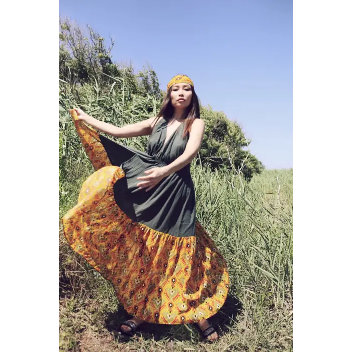 GAZELLE BOHO STİL MAXİ ÇİNGENE ELBİSE