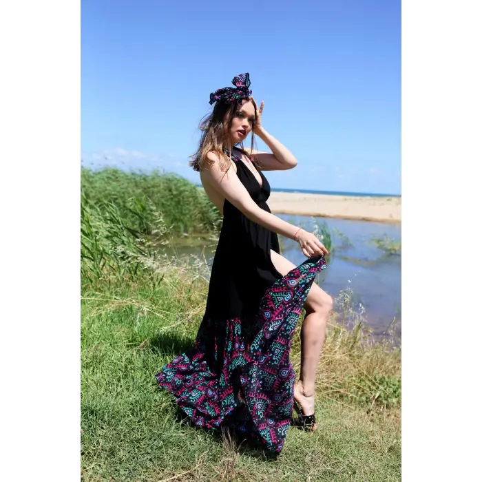 GAZELLE BOHO STİL MAXİ ÇİNGENE ELBİSE