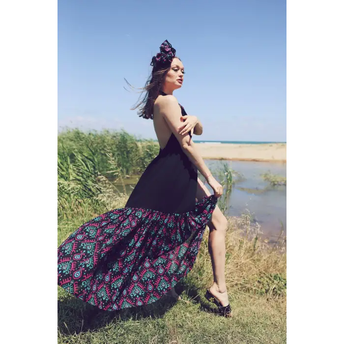 GAZELLE BOHO STİL MAXİ ÇİNGENE ELBİSE