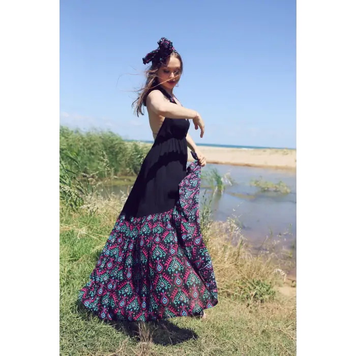GAZELLE BOHO STİL MAXİ ÇİNGENE ELBİSE