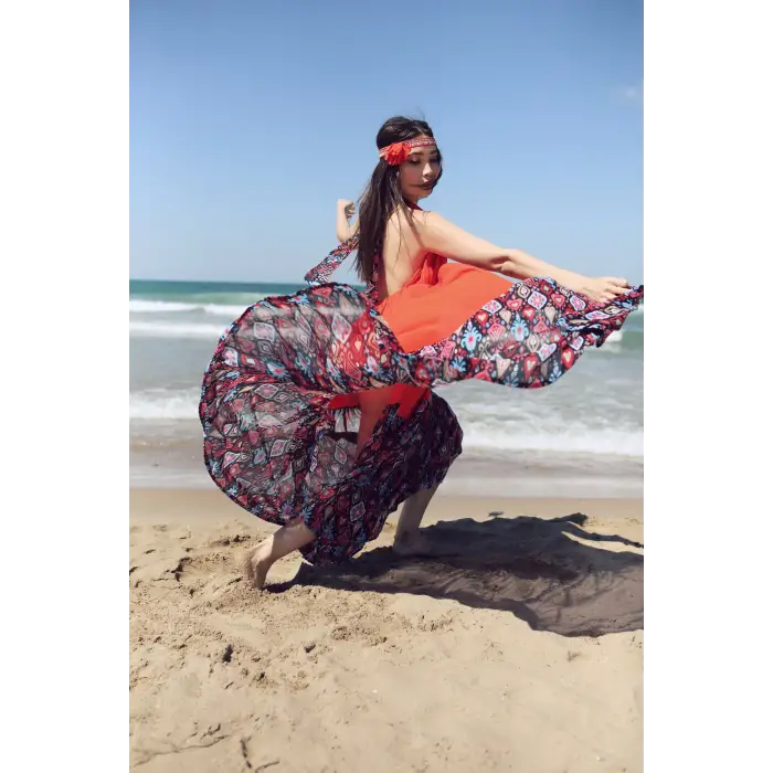 GAZELLE BOHO STİL MAXİ ÇİNGENE ELBİSE