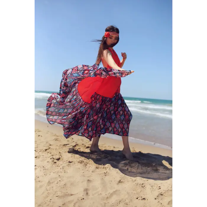 GAZELLE BOHO STİL MAXİ ÇİNGENE ELBİSE