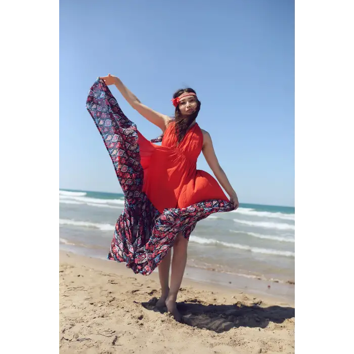 GAZELLE BOHO STİL MAXİ ÇİNGENE ELBİSE