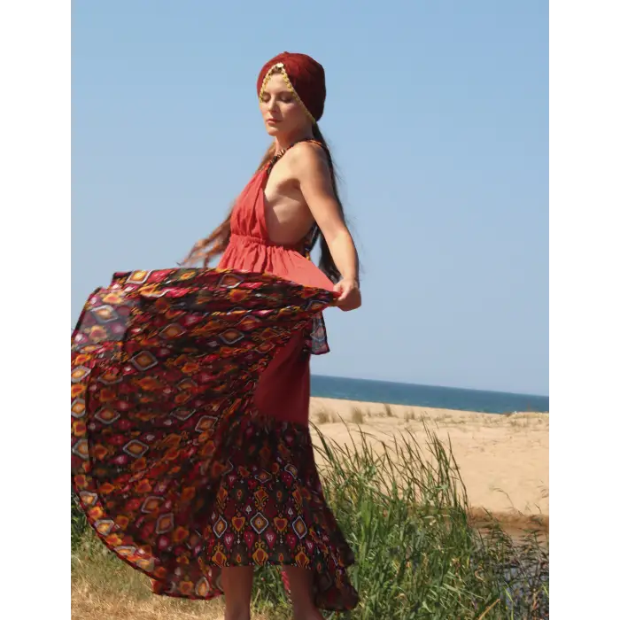 GAZELLE BOHO STİL MAXİ ÇİNGENE ELBİSE