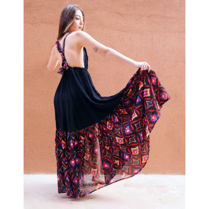 GAZELLE BOHO STİL MAXİ ÇİNGENE ELBİSE