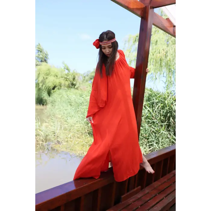 NOVA VİSKON YARASA KOL ELBİSE / Kırmızı