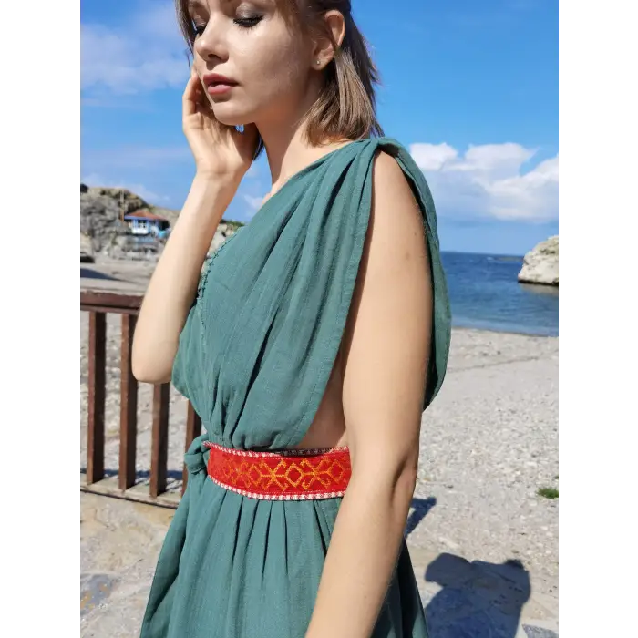 AZİZE BOHEM STİL MÜSLİN ELBİSE / ZÜMRÜT