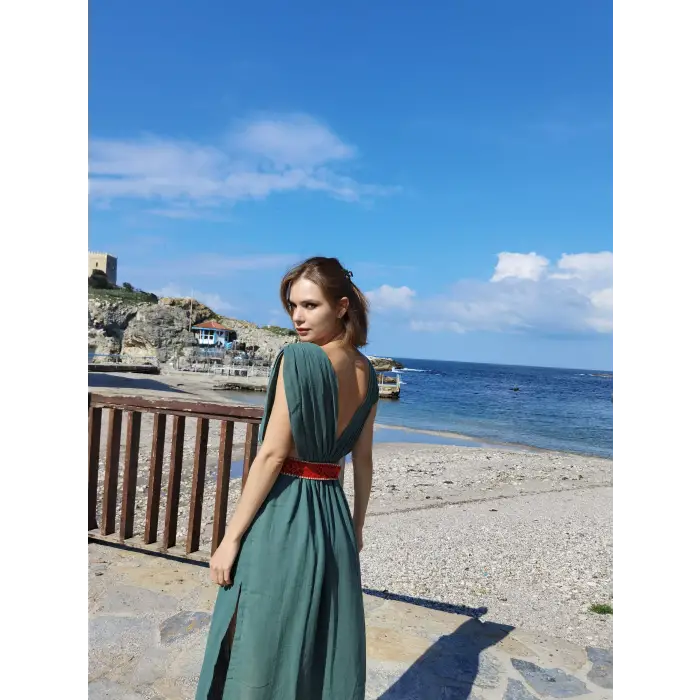 AZİZE BOHEM STİL MÜSLİN ELBİSE / ZÜMRÜT