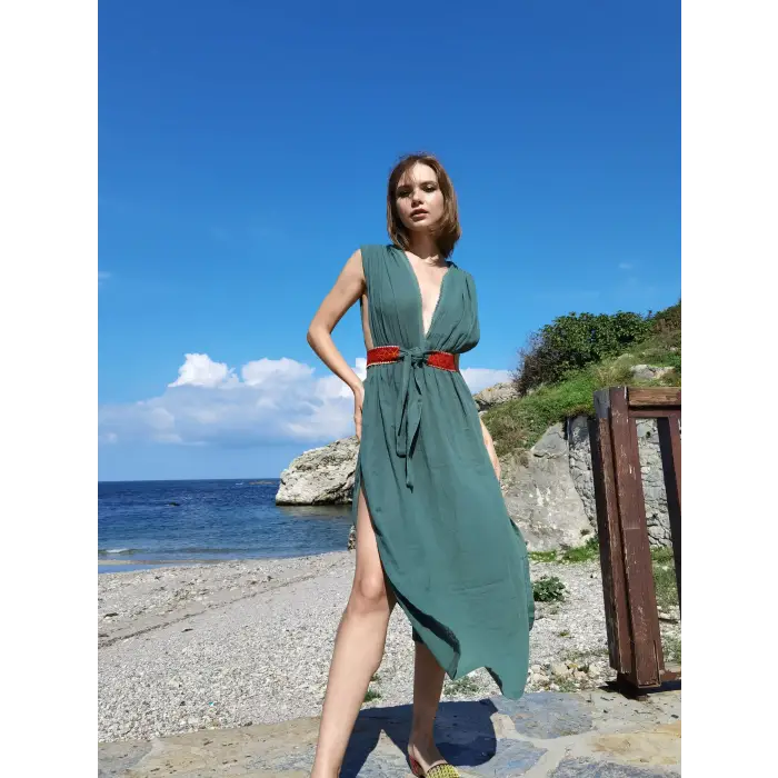 AZİZE BOHEM STİL MÜSLİN ELBİSE / ZÜMRÜT