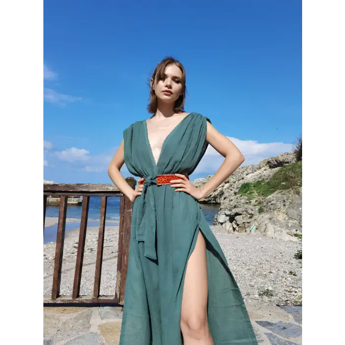 AZİZE BOHEM STİL MÜSLİN ELBİSE / ZÜMRÜT