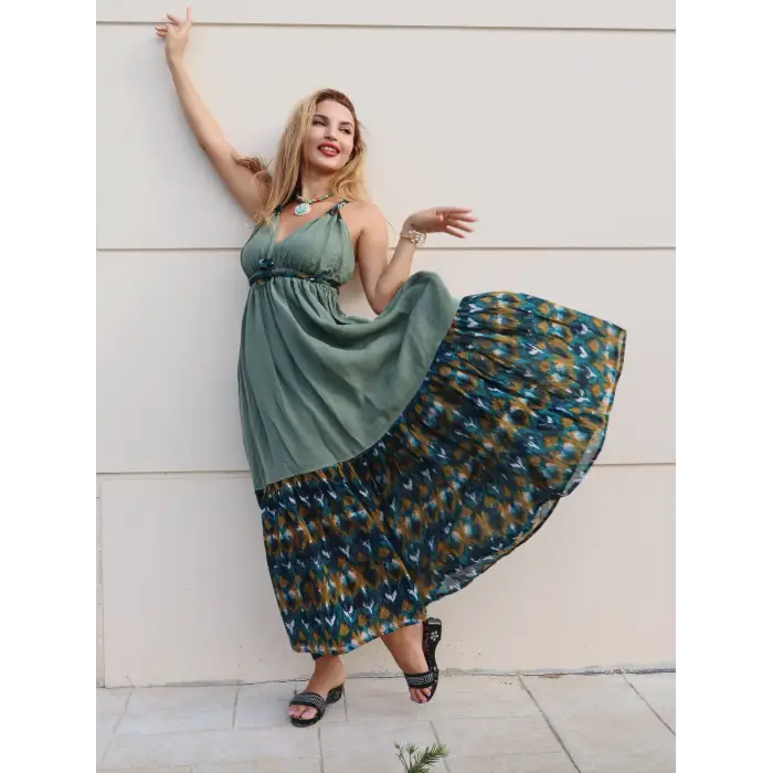 GAZELLE BOHEM STİL ÇİNGENE ELBİSE / Yeşil