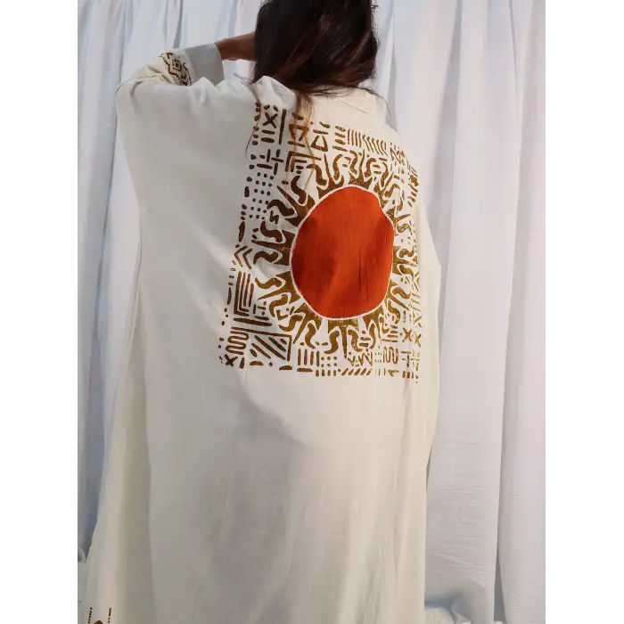 Keten Bohem Stil Tahta Baskılı Etnik Desen Kimono