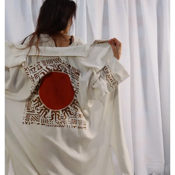 Keten Bohem Stil Tahta Baskılı Etnik Desen Kimono