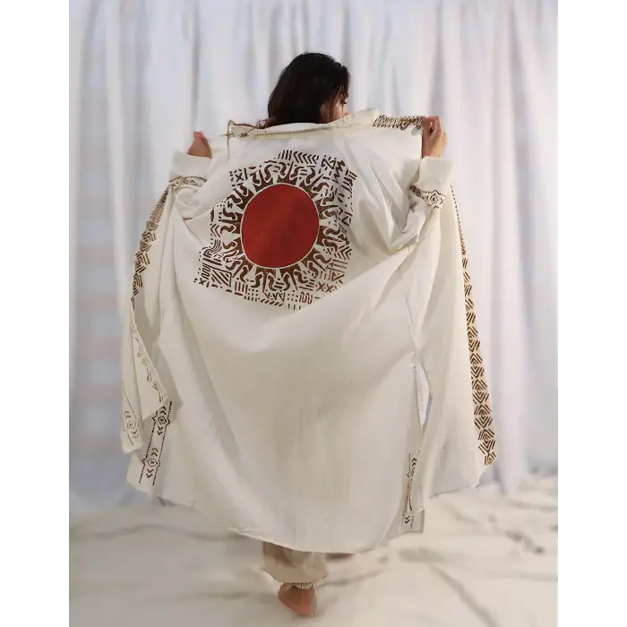 Keten Bohem Stil Tahta Baskılı Etnik Desen Kimono