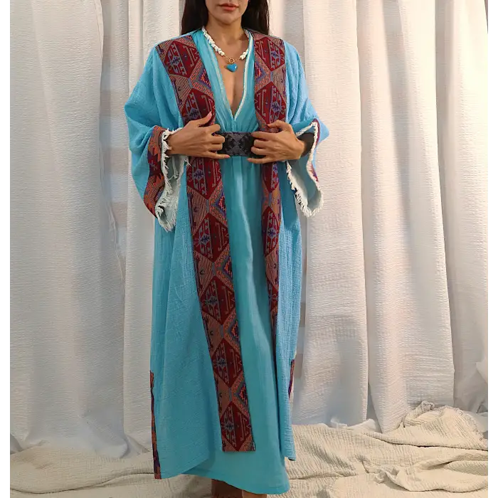 TARSUS KİLİM BORDÜRLÜ DOKUMA KAFTAN / turkuaz