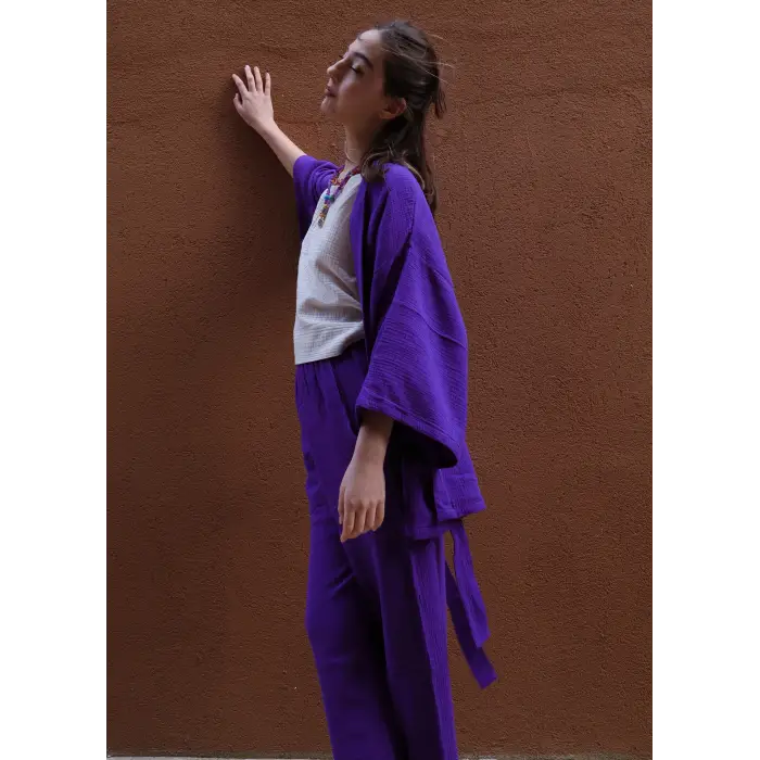 MELİS MÜSLİN KİMONO PANTOLON / Mor