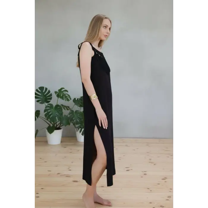 ROMA YAKASI PÜSKÜLLÜ ASKILI ELBİSE