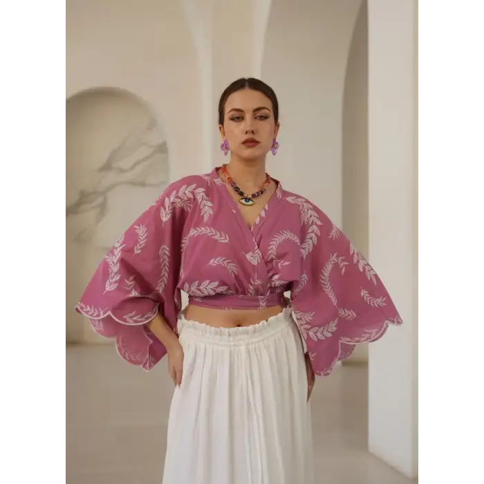 DEMRE PAMUK BAĞLAMALI CROP BLUZ