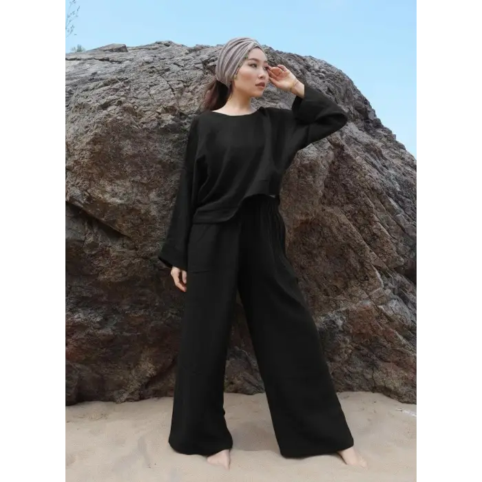 SOUL MÜSLİN BLUZ PANTOLON TAKIM / siyah