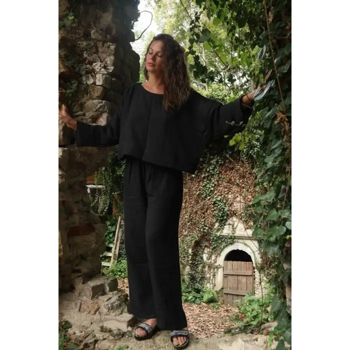 SOUL MÜSLİN BLUZ PANTOLON TAKIM / siyah