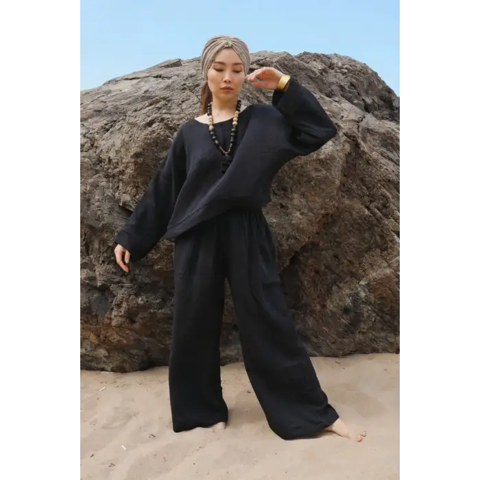SOUL MÜSLİN BLUZ PANTOLON TAKIM / siyah