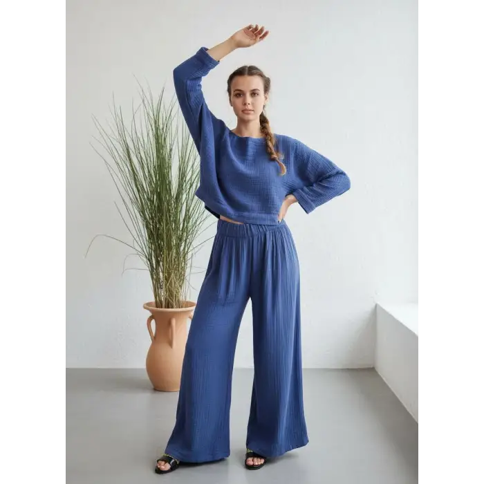 SOUL MÜSLİN BLUZ PANTOLON TAKIM / mavi