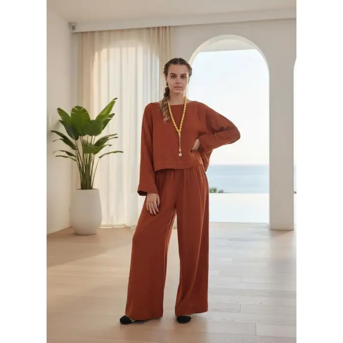 SOUL MÜSLİN BLUZ PANTOLON TAKIM / kiremit
