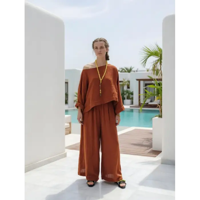 SOUL MÜSLİN BLUZ PANTOLON TAKIM / kiremit