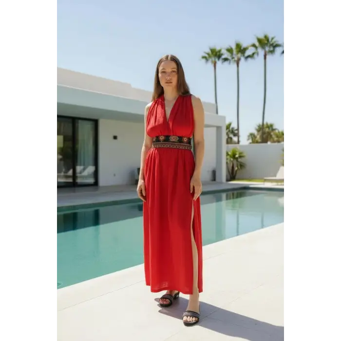 AZİZE BOHEM STİL MÜSLİN ELBİSE / Kırmızı
