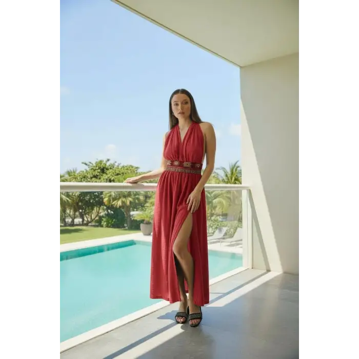 AZİZE BOHEM STİL MÜSLİN ELBİSE / Kırmızı