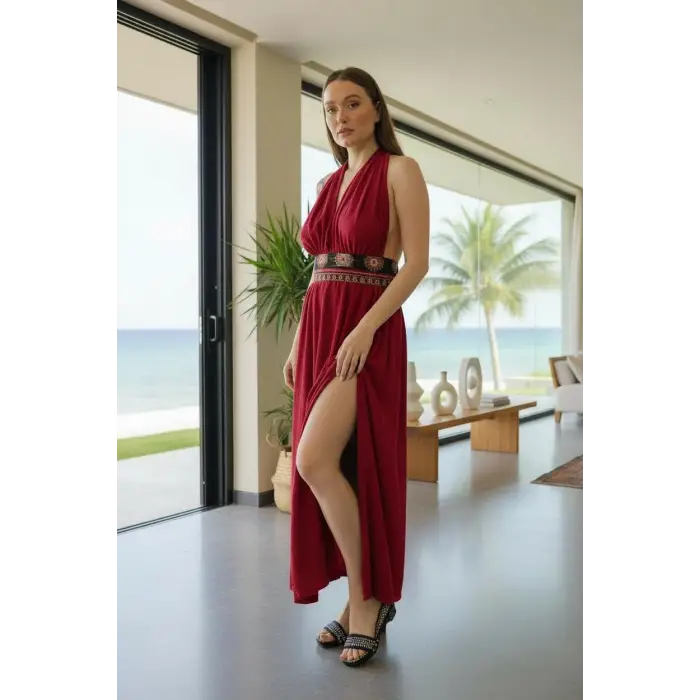 AZİZE BOHEM STİL MÜSLİN ELBİSE / Kırmızı