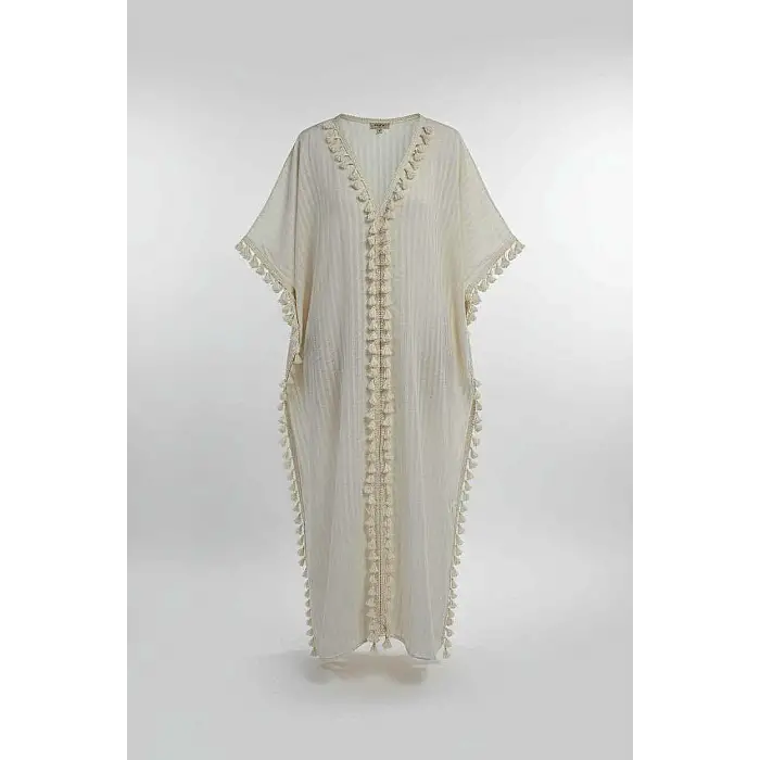 ATLAS ÇİZGİLİ ŞİLE BEZİ PÜSKÜL DETAYLI KAFTAN