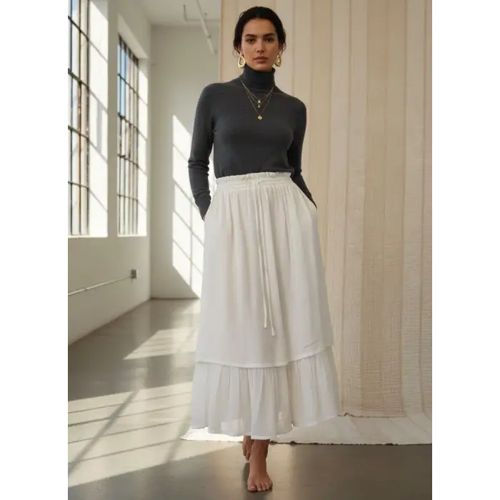 NAZLI PAMUK VUAL ÇİFT KAT ETEK / Beyaz