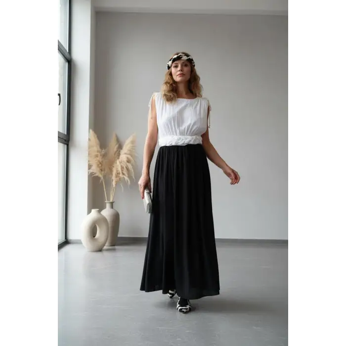 HERA ÇİFT RENK BELİ ÖRGÜLÜ MÜSLİN ELBİSE Siyah