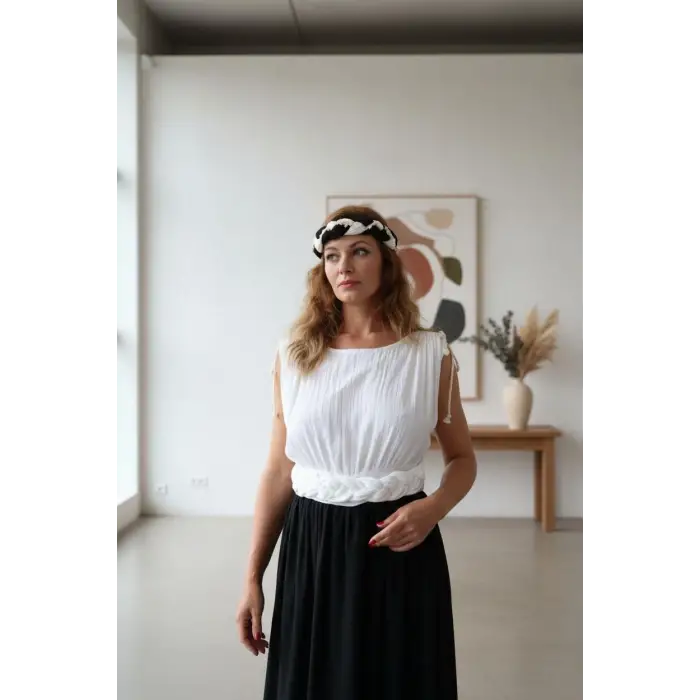 HERA ÇİFT RENK BELİ ÖRGÜLÜ MÜSLİN ELBİSE Siyah