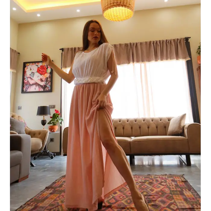 HERA ÇİFT RENK BELİ ÖRGÜLÜ MÜSLİN ELBİSE pembe