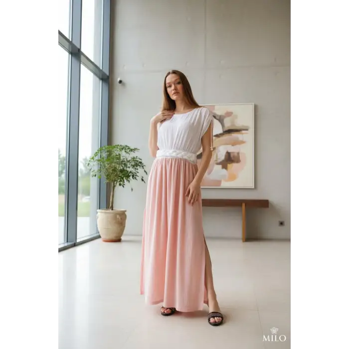 HERA ÇİFT RENK BELİ ÖRGÜLÜ MÜSLİN ELBİSE pembe