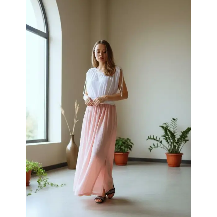 HERA ÇİFT RENK BELİ ÖRGÜLÜ MÜSLİN ELBİSE pembe