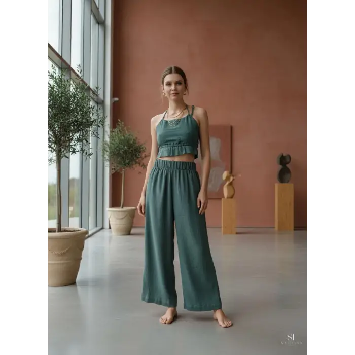 SUNA MÜSLİN BLUZ PANTOLON TAKIM / yeşil