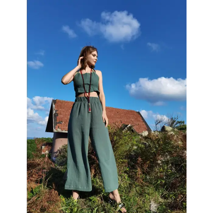 SUNA MÜSLİN BLUZ PANTOLON TAKIM / yeşil