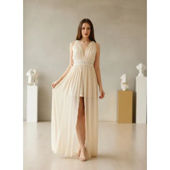 ELMAS BELİ NAKIŞ DETAYLI ELBİSE