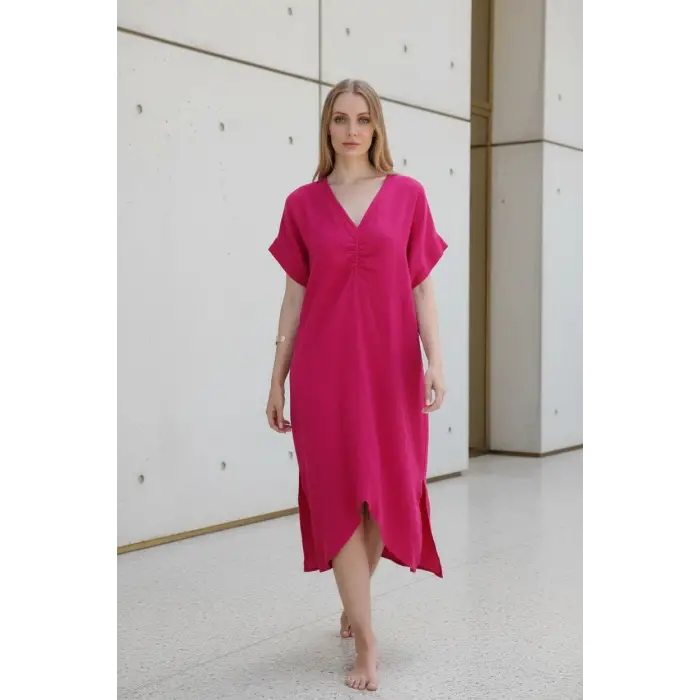 DORA YALDIZLI MÜSLİN ELBİSE / fuşya