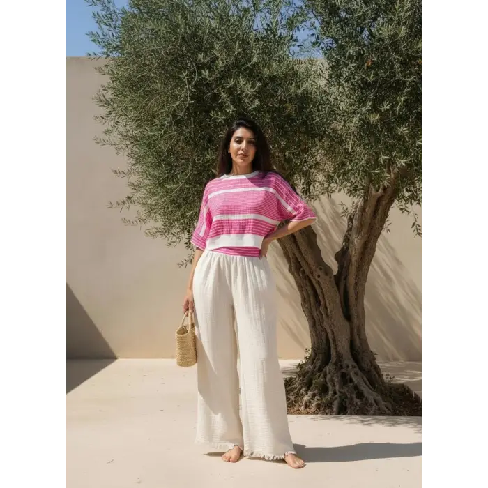 MUMBAI MÜSLİN CROP & PANTOLON TAKIM / Fuşya