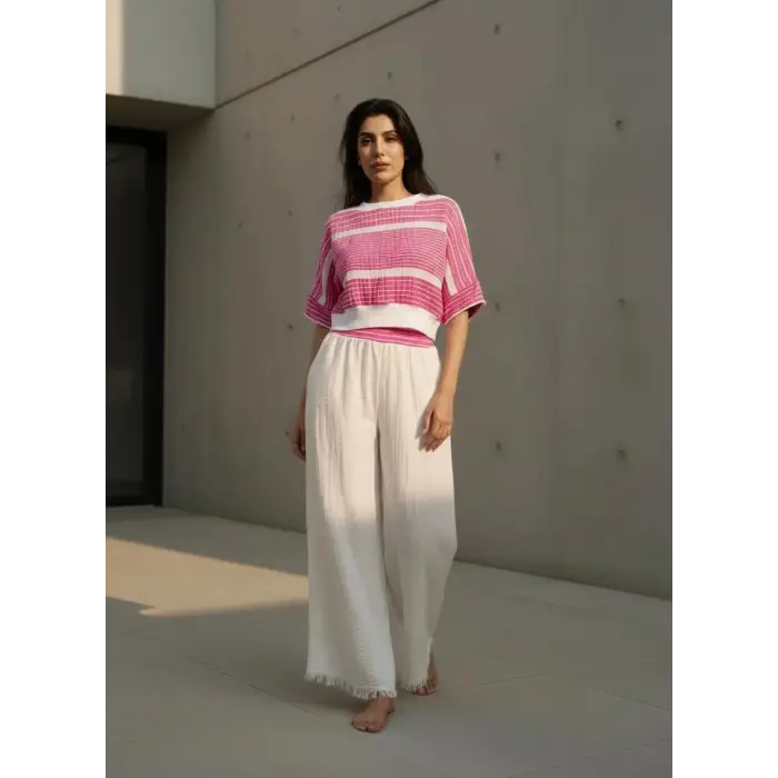 MUMBAI MÜSLİN CROP & PANTOLON TAKIM / Fuşya